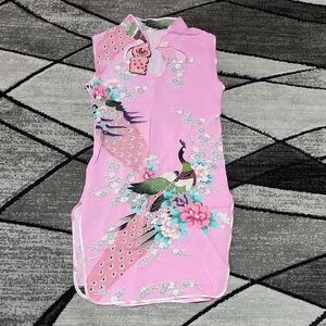 CHINESE GIRLS PINK FLORAL PEACOCK SLEEVELESS CHEONGSAM QIPAO DRESS